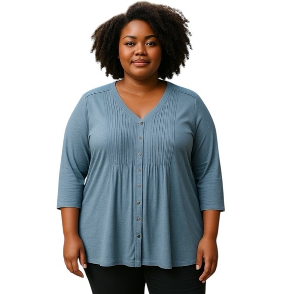 J. Jill Slate Blue Linen Modal Pintuck Button Front Casual Blouse Top Medium - Picture 2 of 9